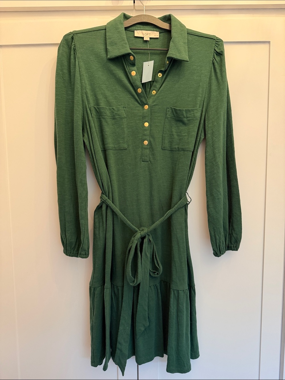 LOFT Forest Green Long-Sleeve Collared Shirtdress with Tie Waist